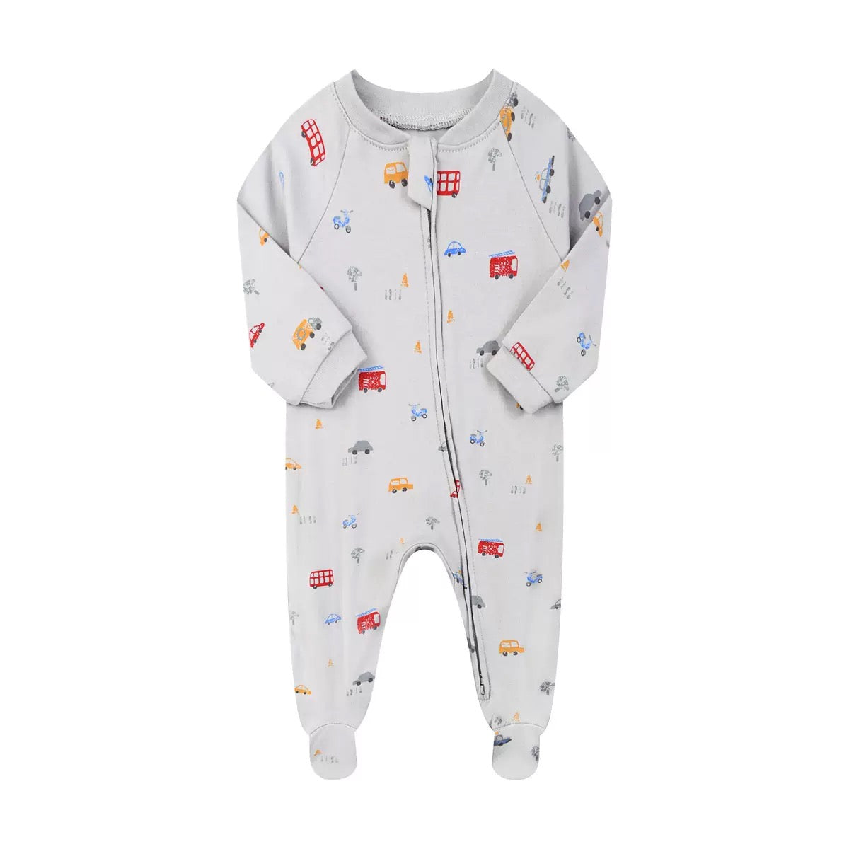 Baby Boy Car & Bus 100% Cotton Footed Sleep & Play Pajama – Gray