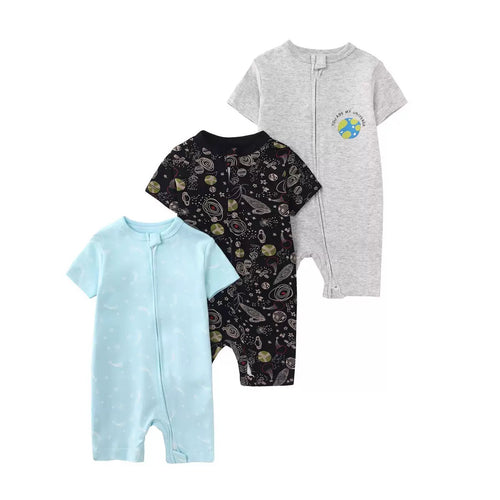 Baby Boy Space & Planet 100% Cotton Short Sleeve Sleep & Play Romper 3-Pack