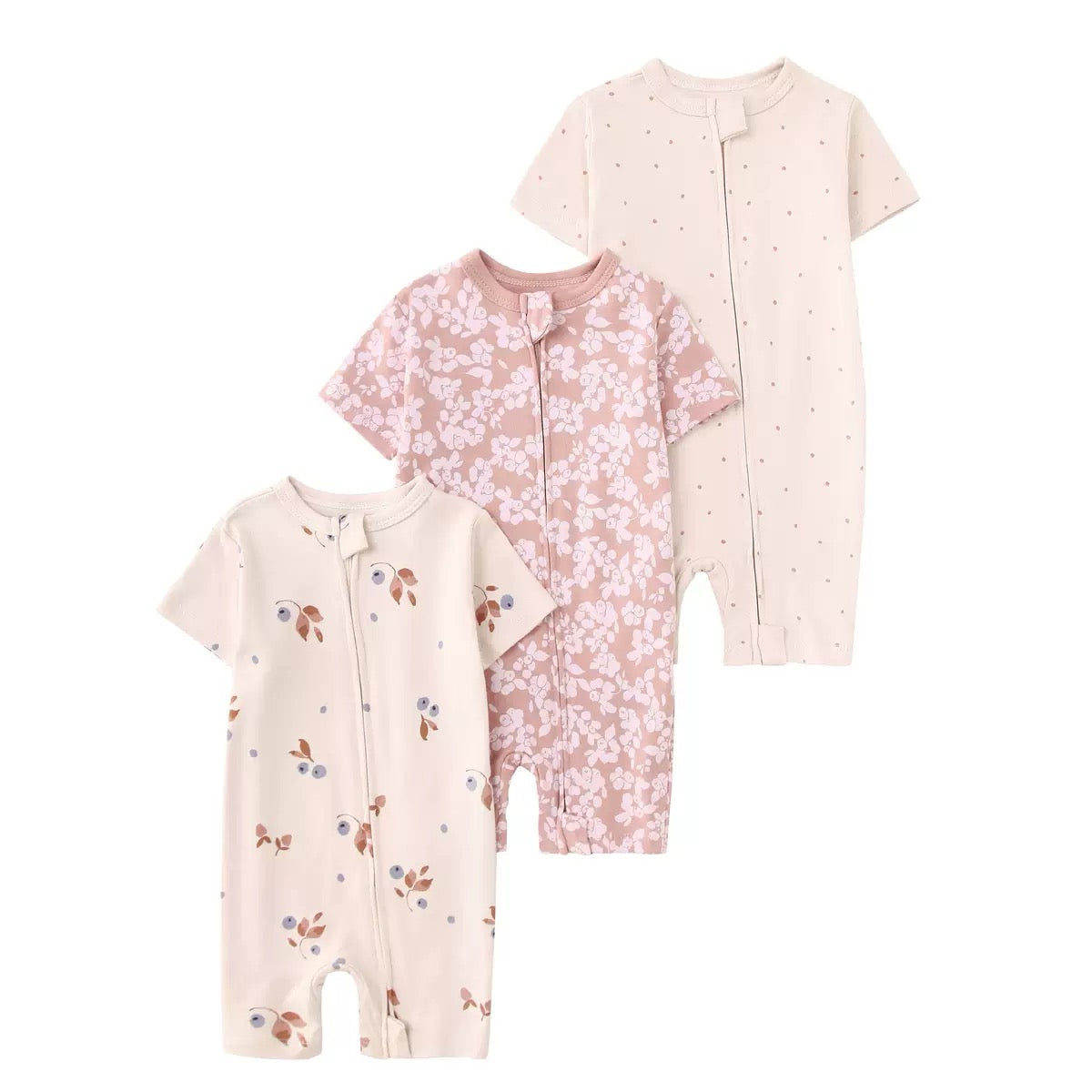 Baby Girl Floral & Berry 100% Cotton Short Sleeve Sleep & Play Romper 3-Pack – Pink