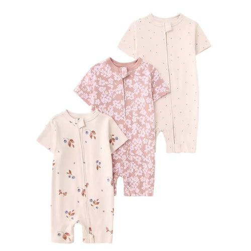 Baby Girl Floral & Berry 100% Cotton Short Sleeve Sleep & Play Romper 3-Pack – Pink